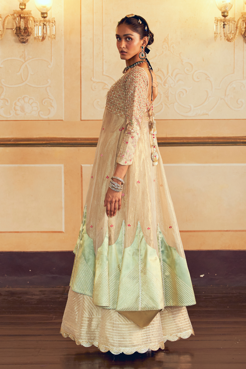 Pearl ivory silk zari tissue jacket with sharara and Dupatta