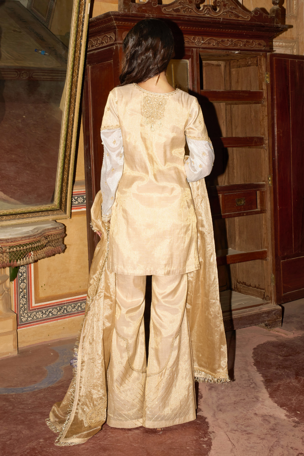 Champagne gold short kurta with bell bottom pants