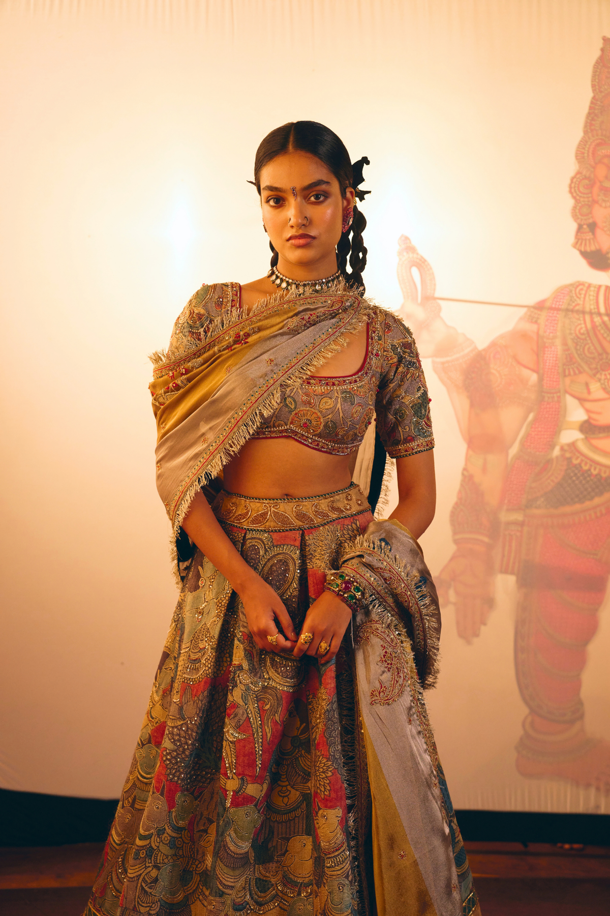 Krishna Leela Grey Kalamkari Lehenga Set