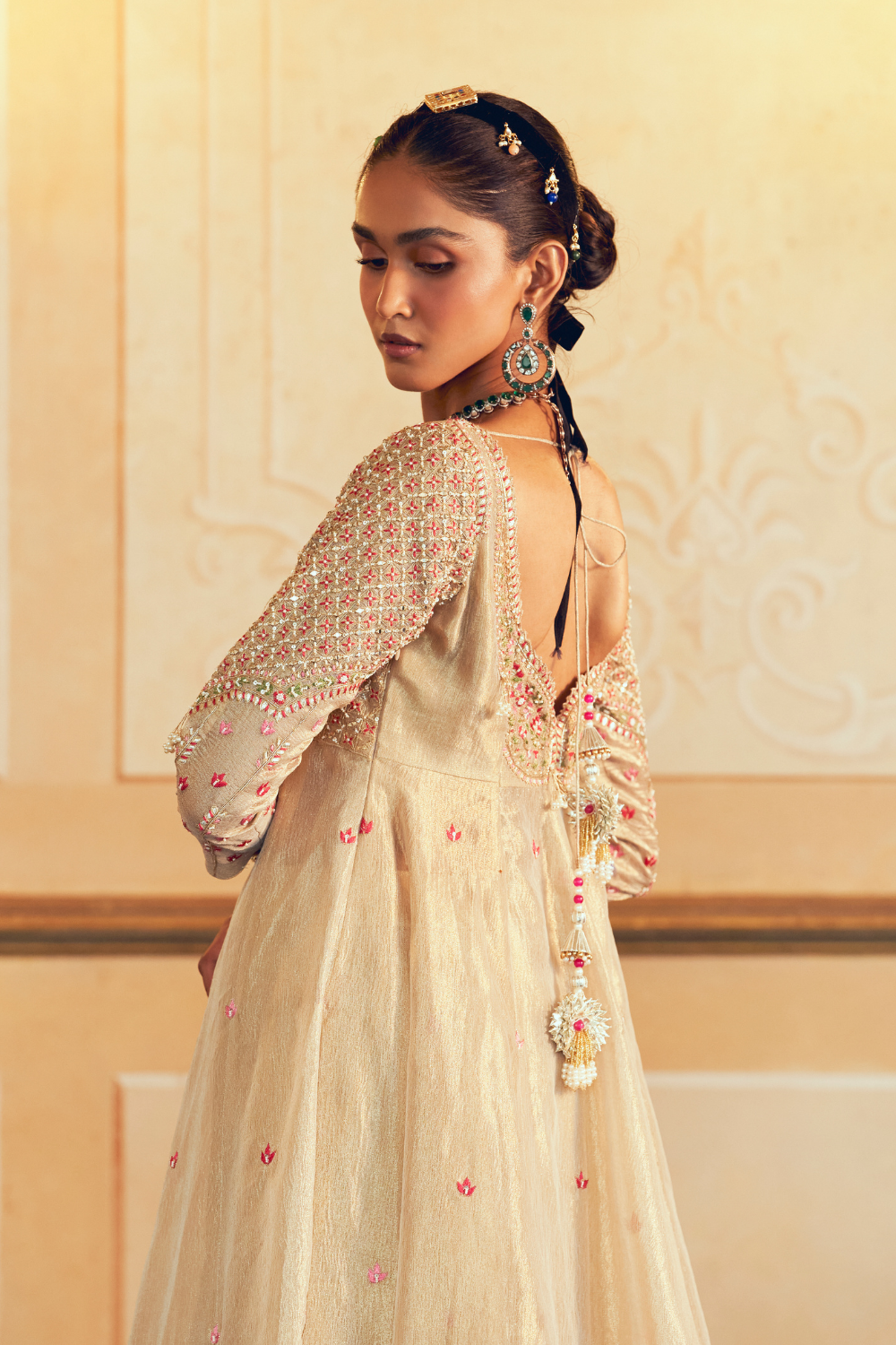 Pearl ivory silk zari tissue jacket with sharara and Dupatta