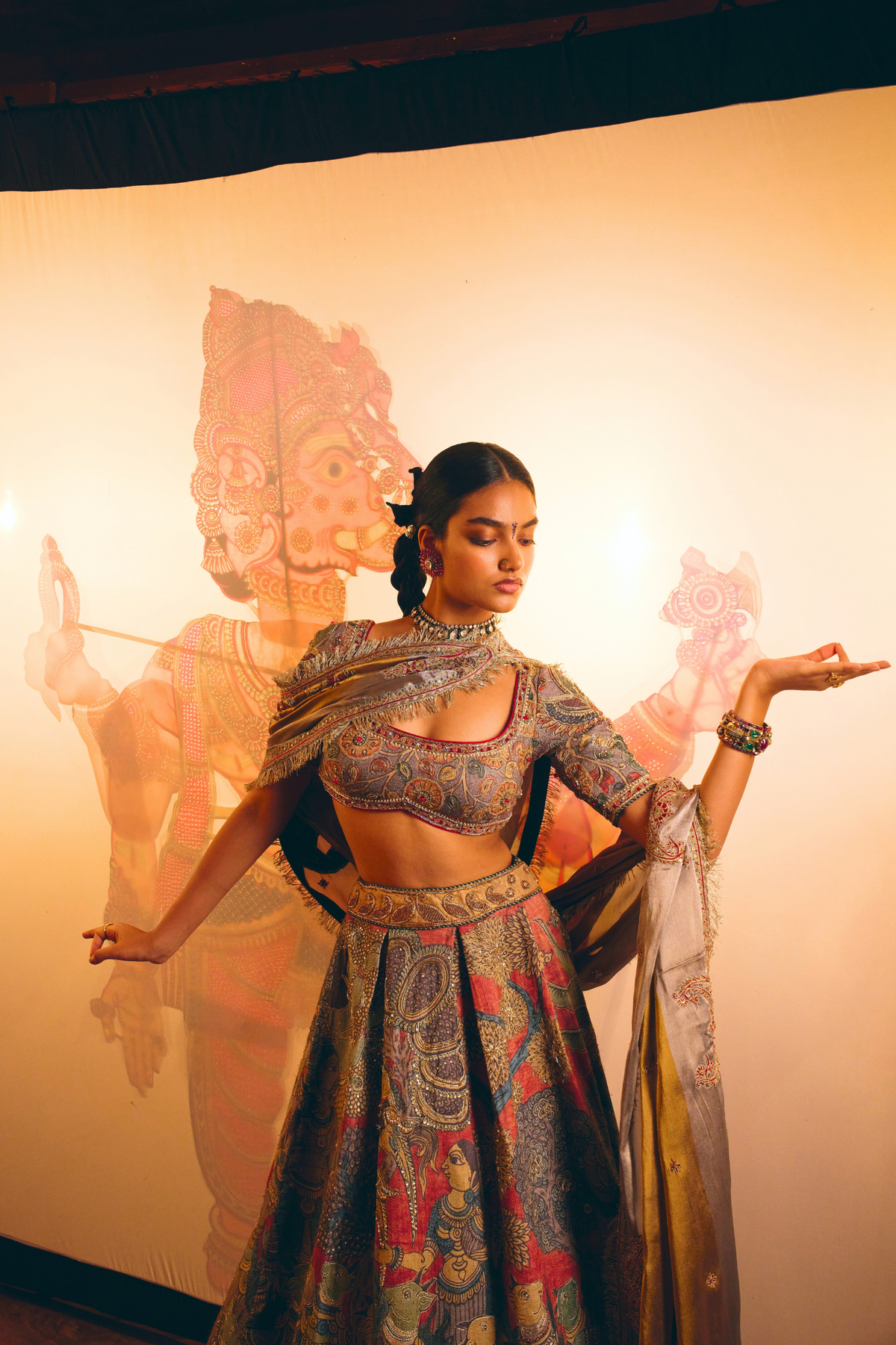 Krishna Leela Grey Kalamkari Lehenga Set
