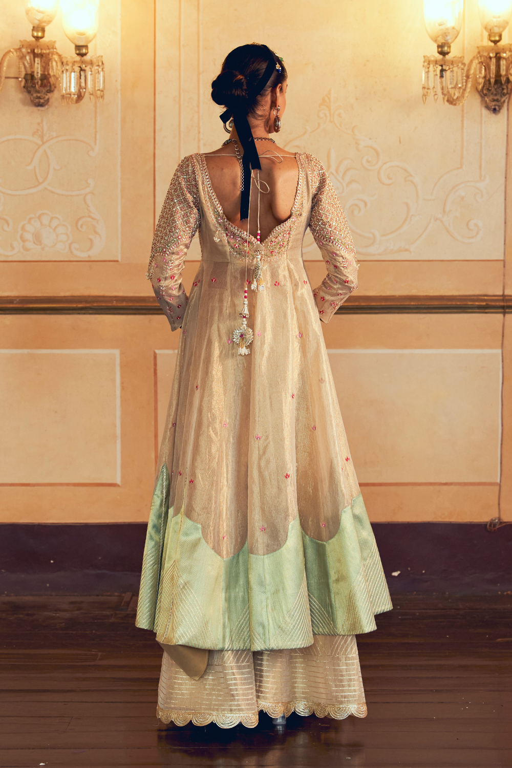 Pearl ivory silk zari tissue jacket with sharara and Dupatta