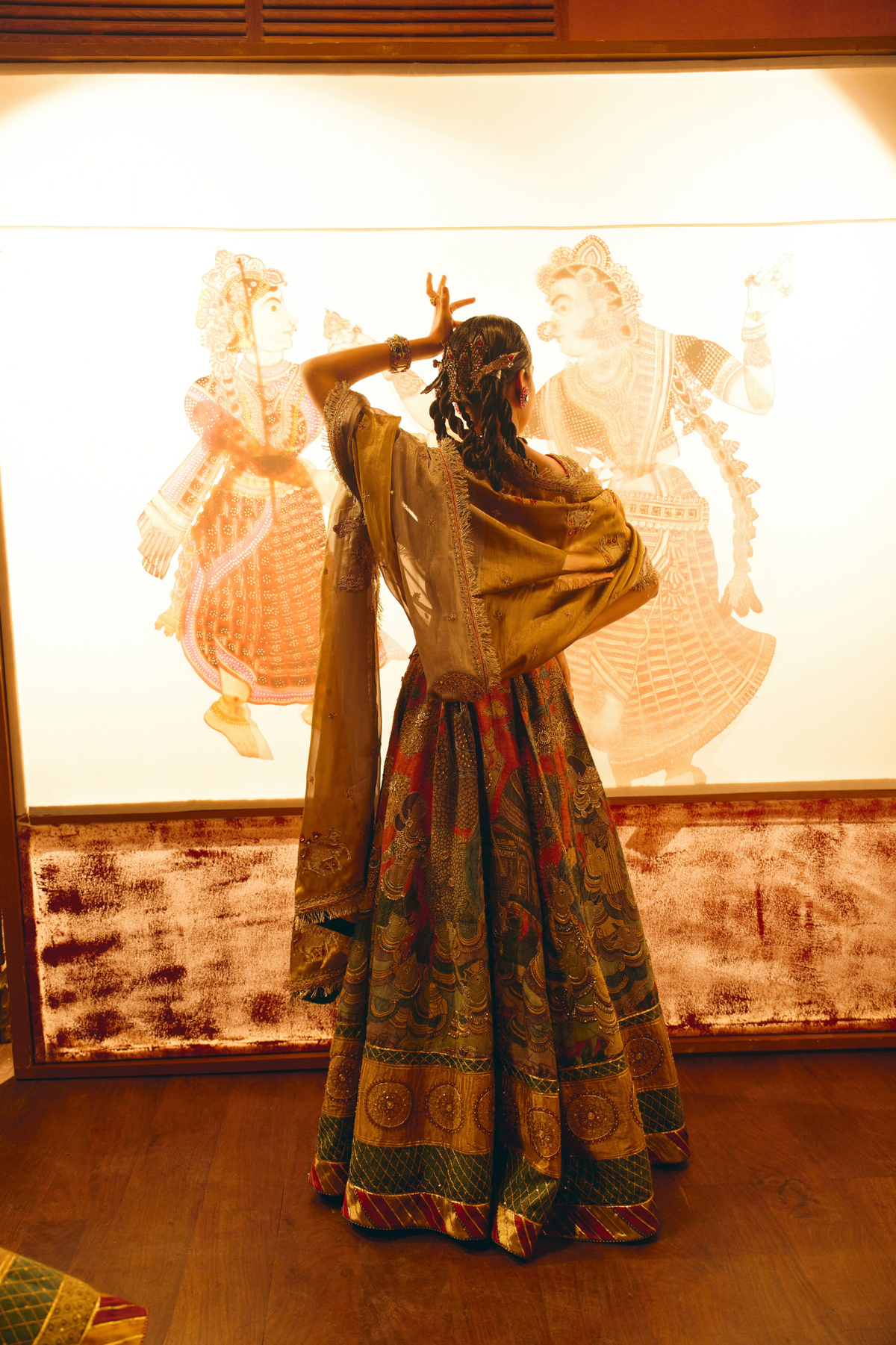 Krishna Leela Grey Kalamkari Lehenga Set