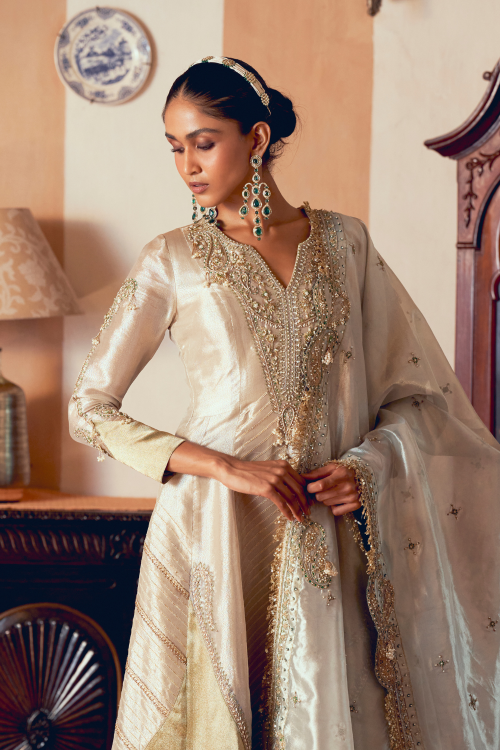 Pearl gold silk zari tissue anarkali