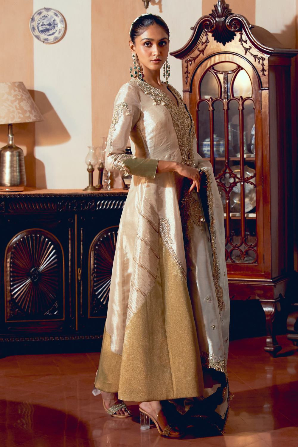 Pearl gold silk zari tissue anarkali