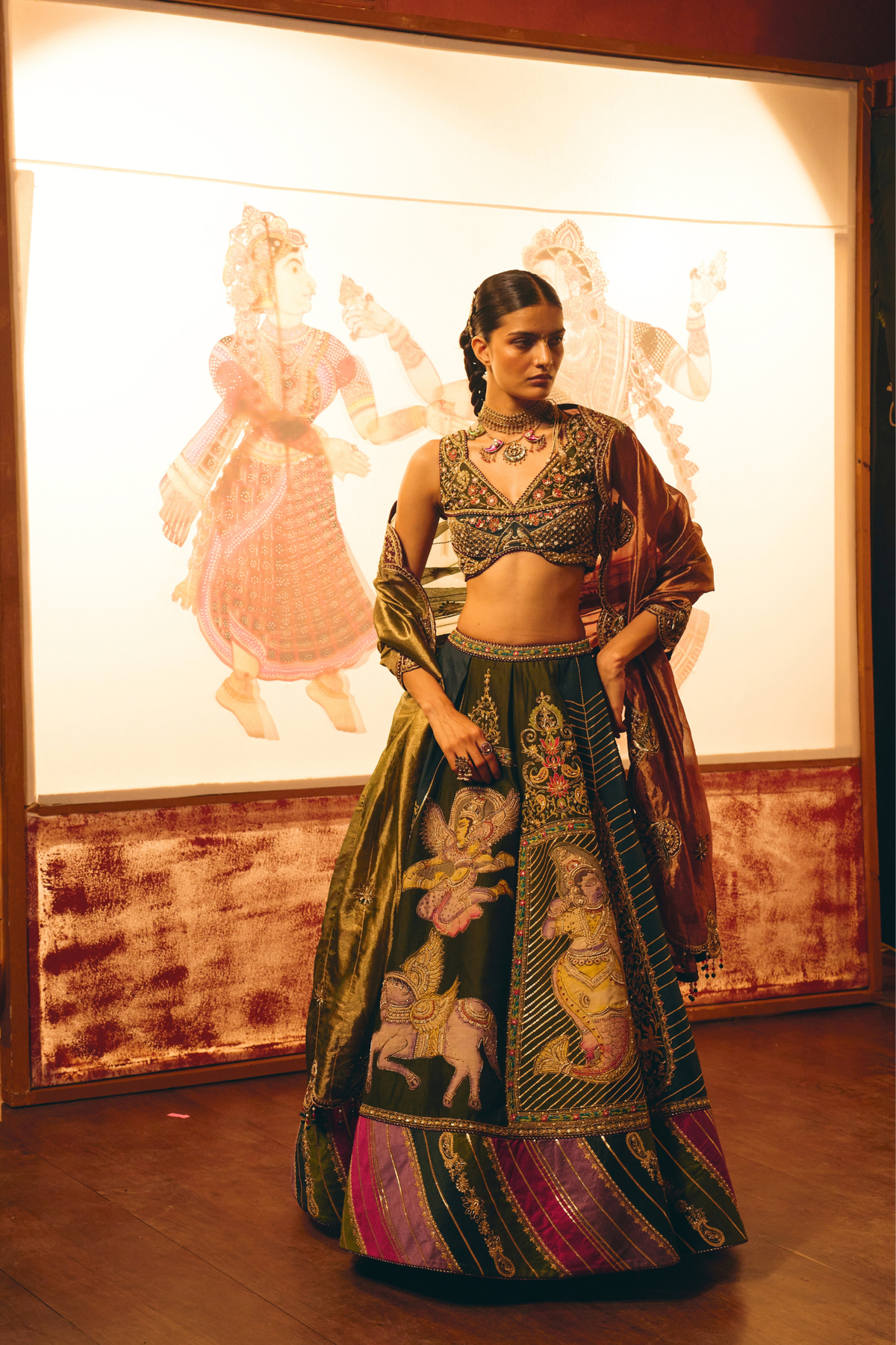 Divyakatha Teal Patch Work Lehenga With Tissue Duppata Set