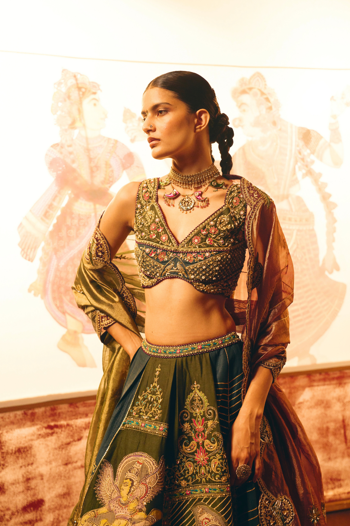 Divyakatha Teal Patch Work Lehenga With Tissue Duppata Set