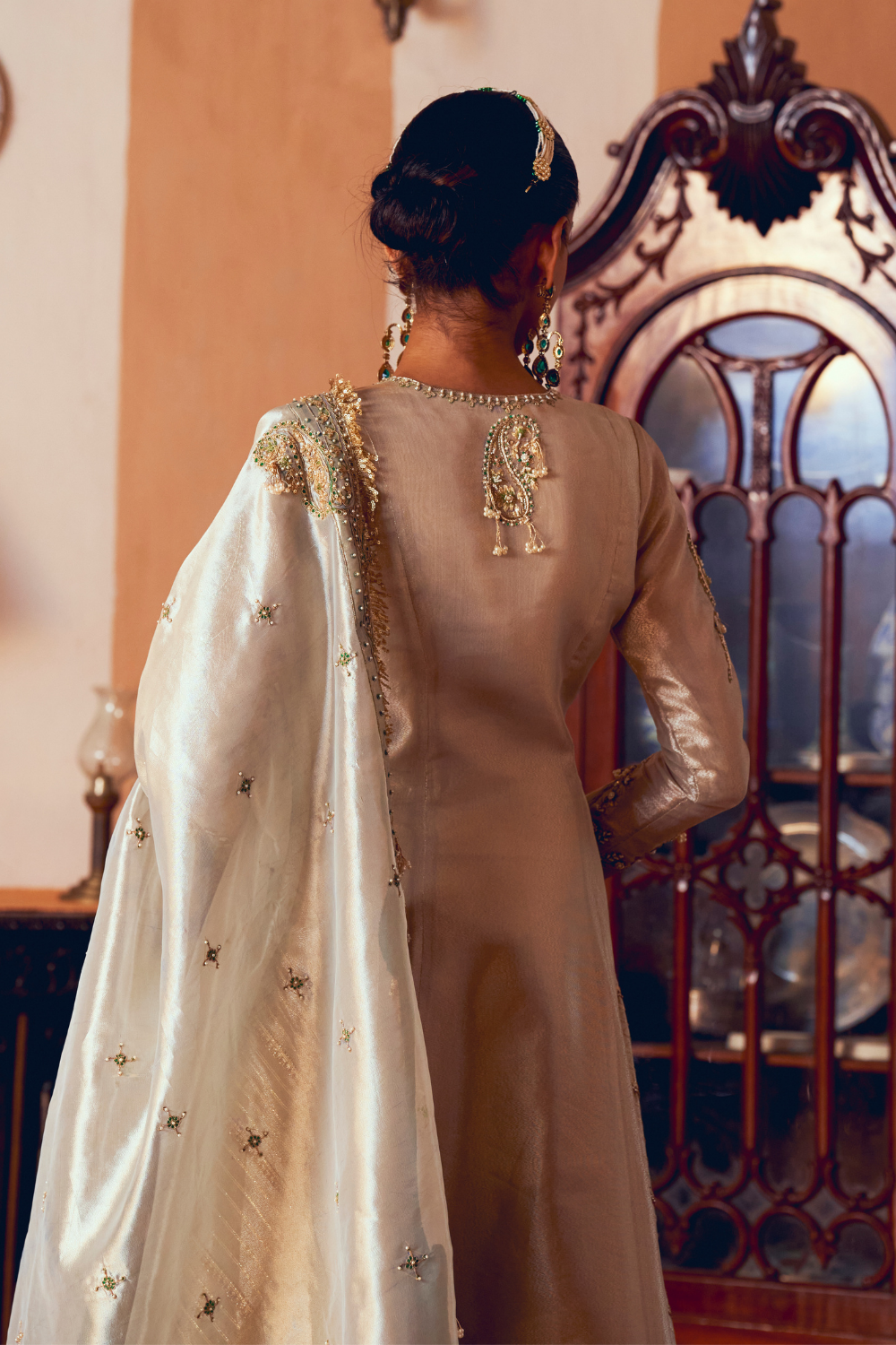 Pearl gold silk zari tissue anarkali