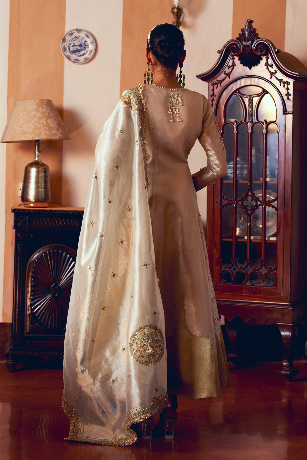 Pearl gold silk zari tissue anarkali