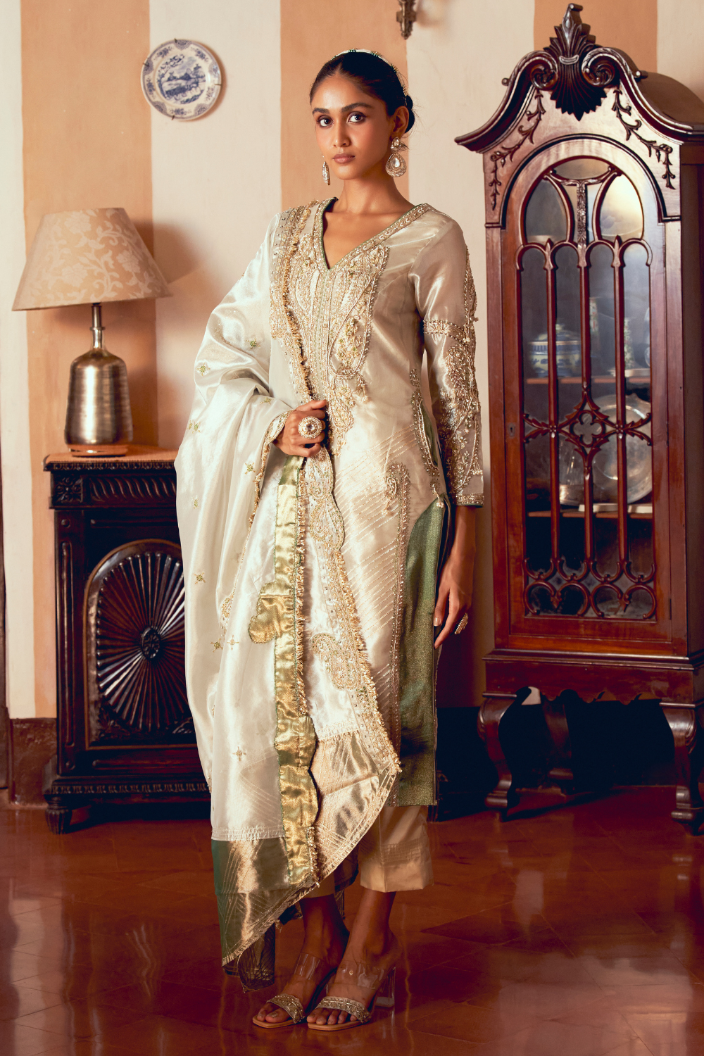 Pearl gold silk zari tissue kurta set with dupatta