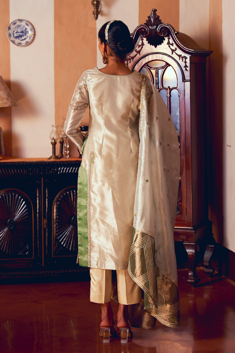 Pearl gold silk zari tissue kurta set with dupatta