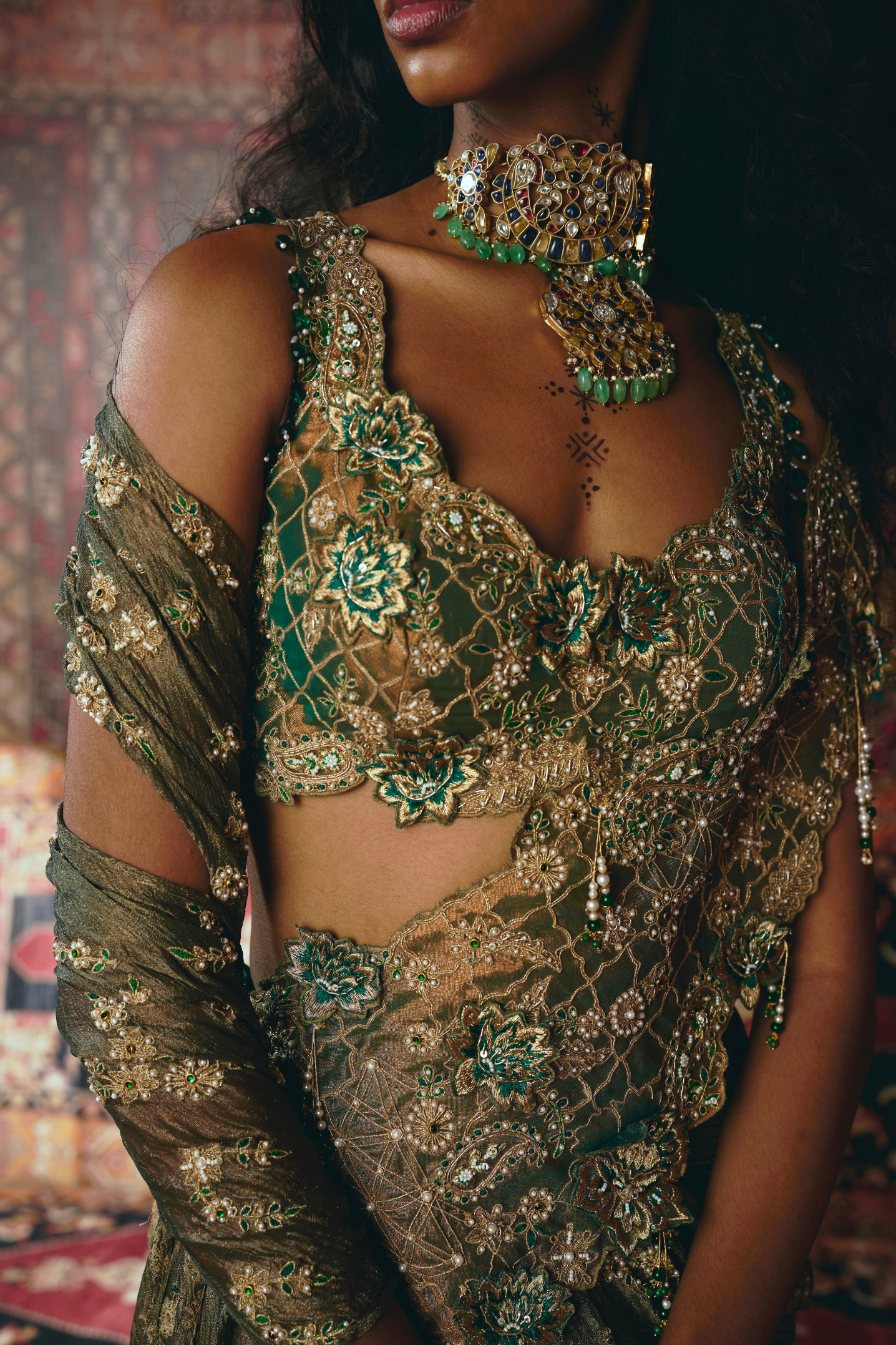 Emerald Green Drape Saree and Blouse Set