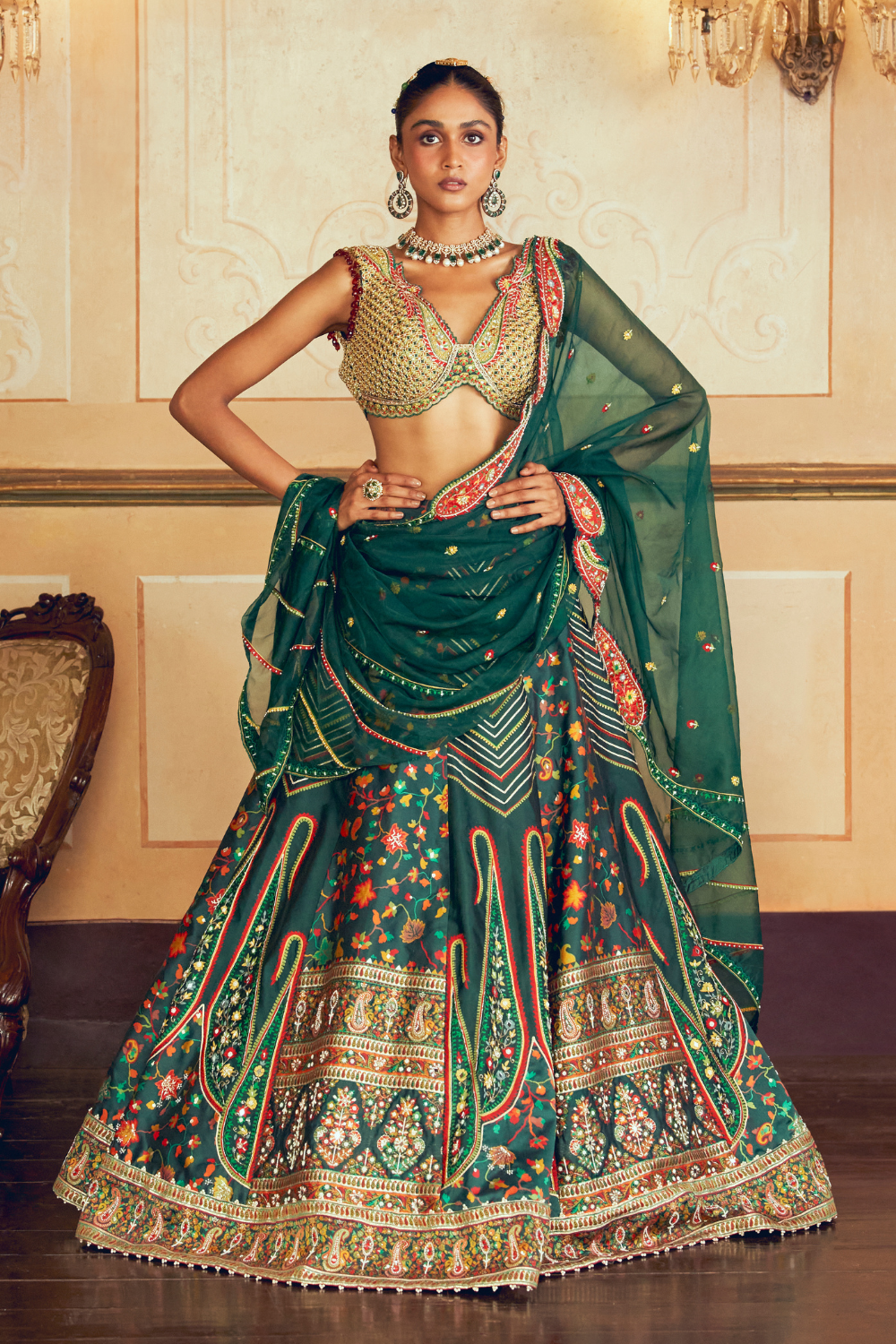 Dark green jacquard silk banarasi lehenga set