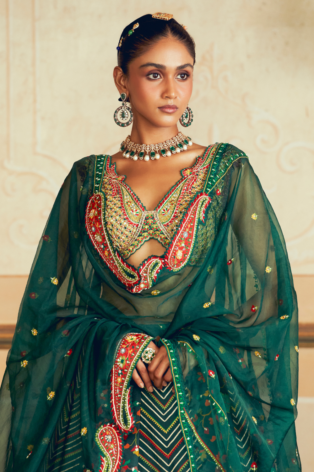 Dark green jacquard silk banarasi lehenga set