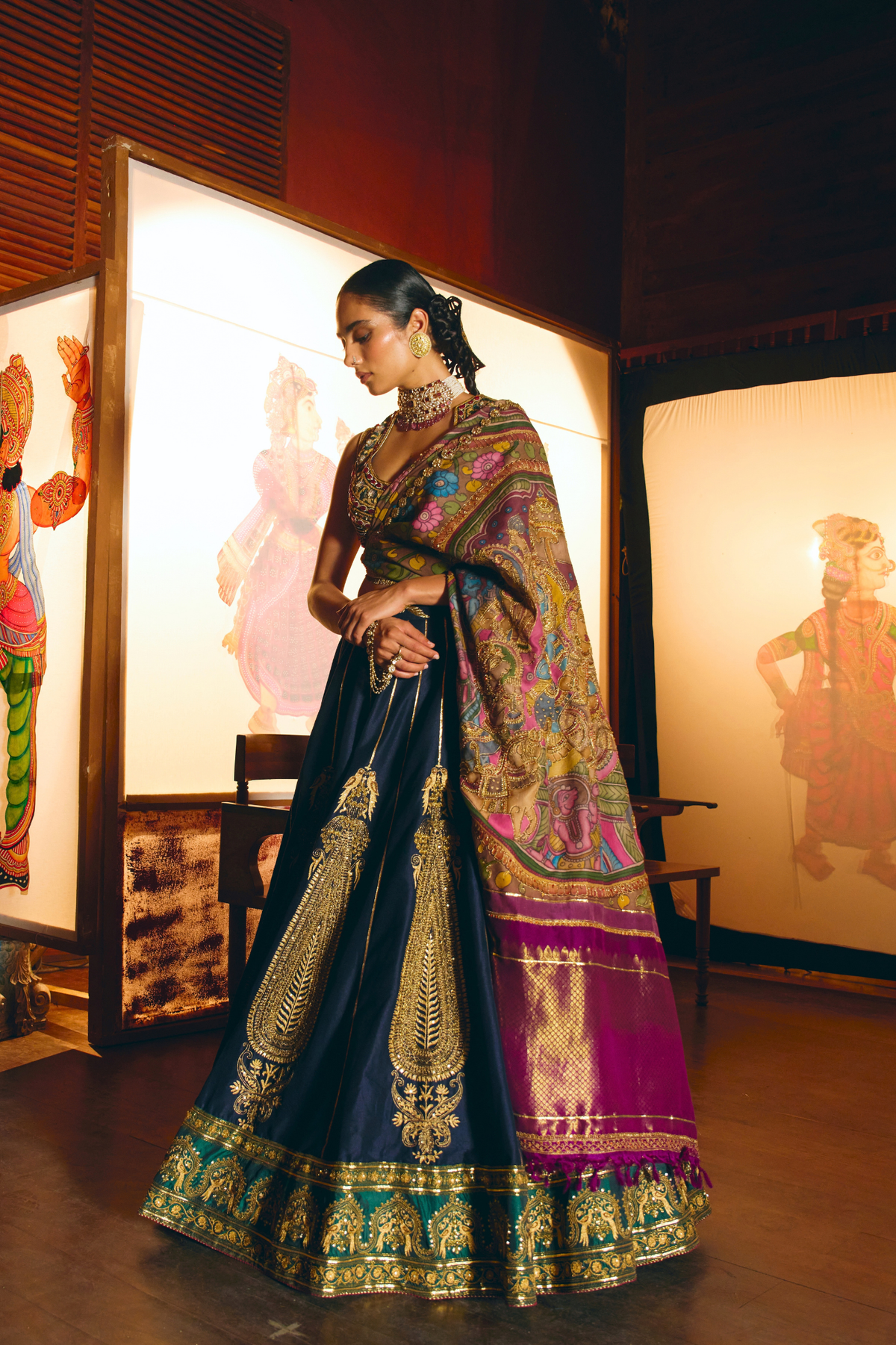 Dharma Deep Blue Paisley Lehenga With Kalamkari Duppata Set