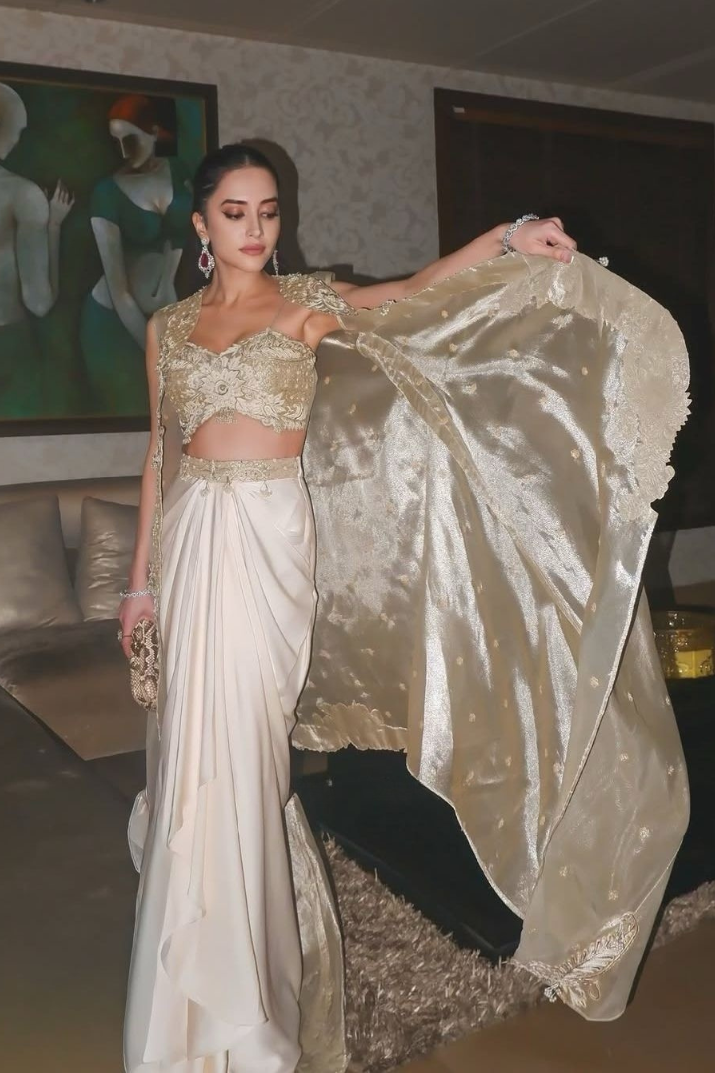 Komal Kapoor in our Champagne gold drape satin skirt with cape