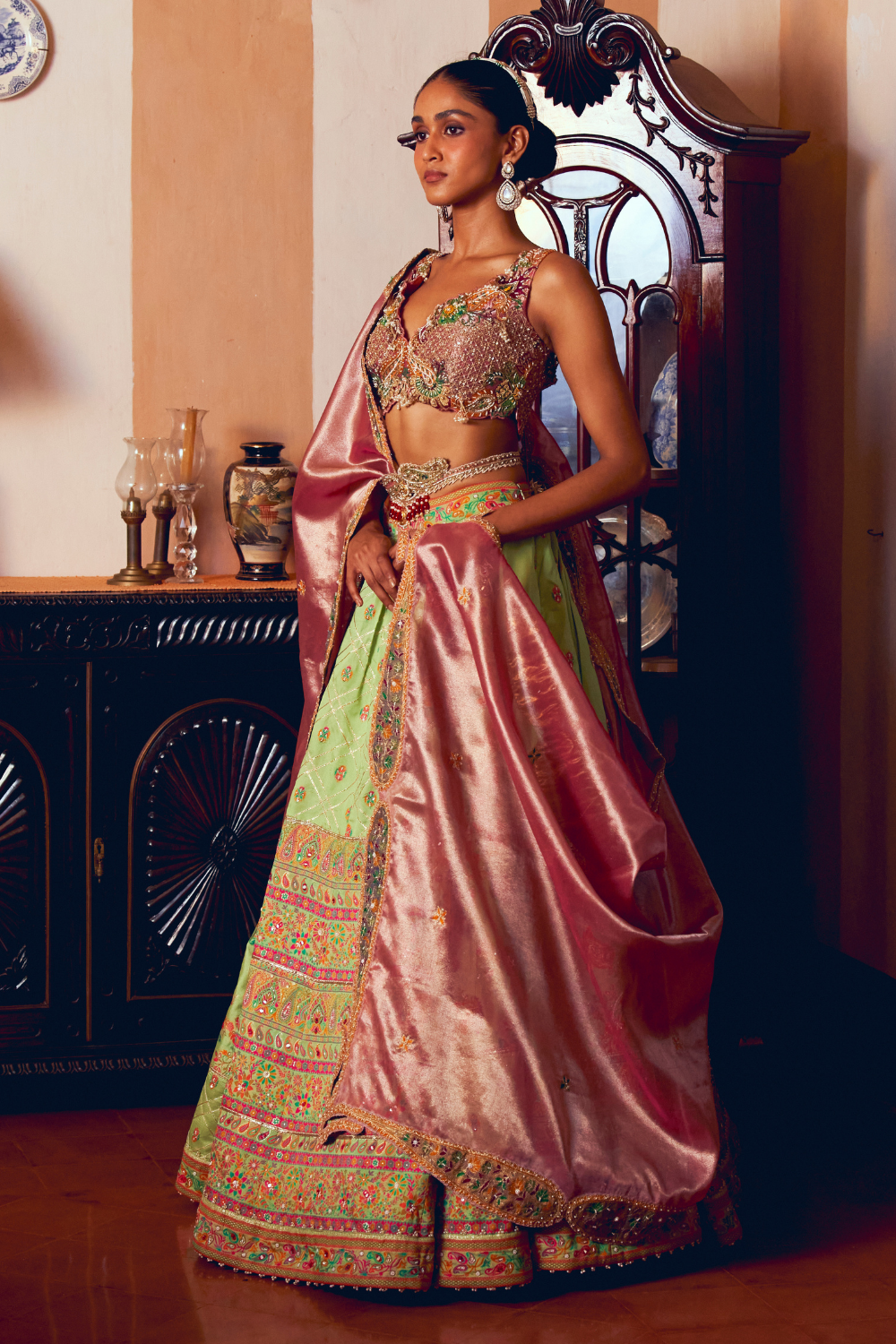 Light green jacquard silk banarasi lehenga set