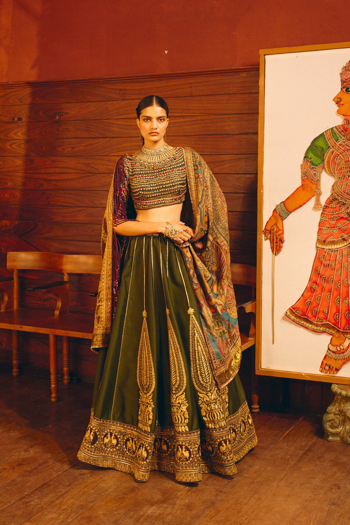 Mangalam Emerald Green Paisley Lehenga With Kalamkari Duppata Set