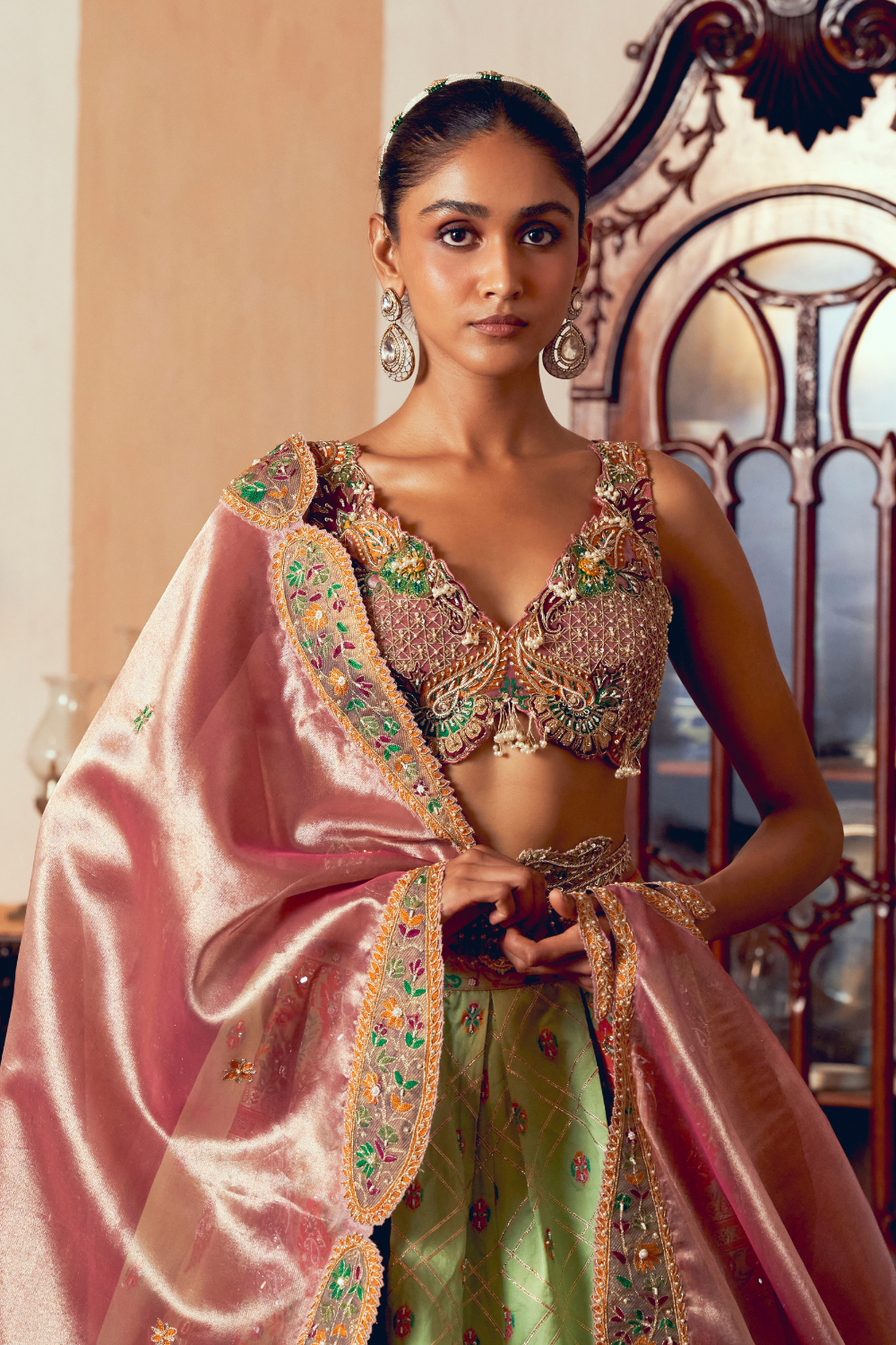 Light green jacquard silk banarasi lehenga set