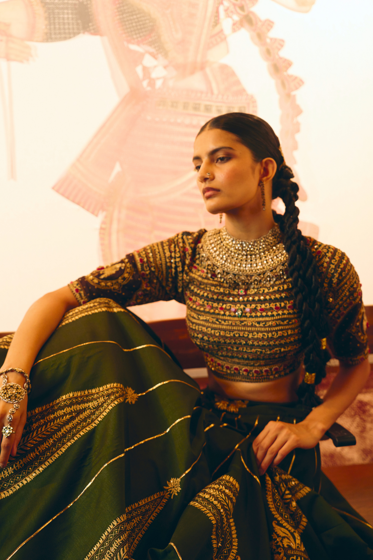 Mangalam Emerald Green Paisley Lehenga With Kalamkari Duppata Set