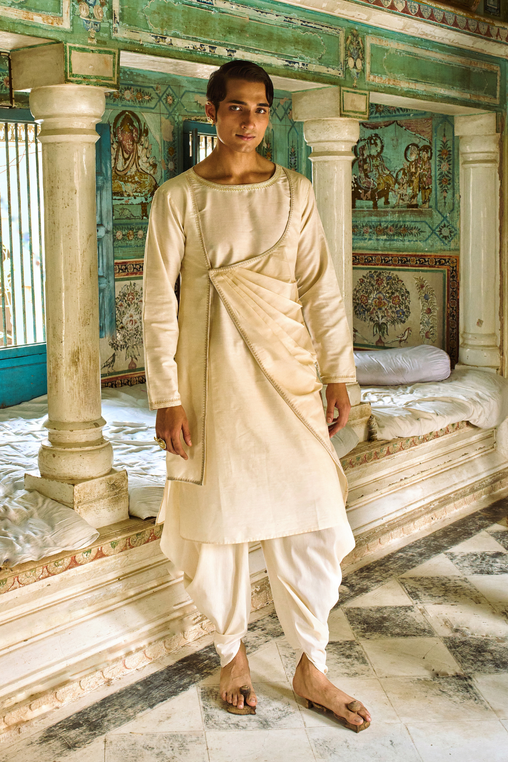 Beige cotton-silk angrakha with dhoti