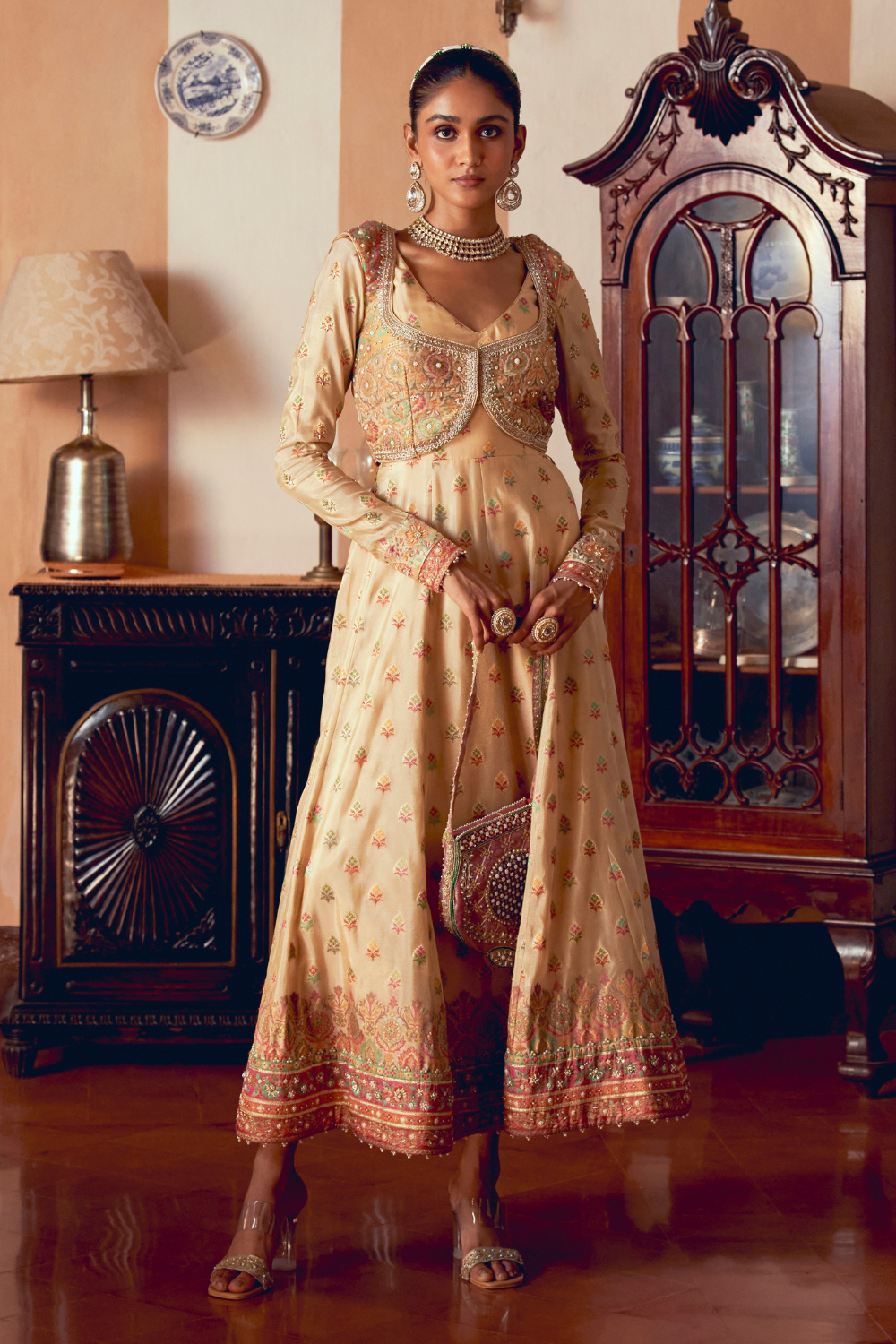 Yellow jacquard banarsi anarkali with cropped jacket set