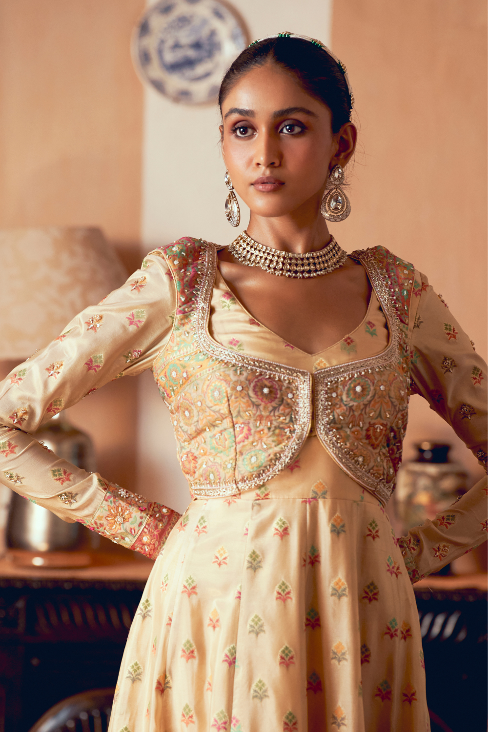 Yellow jacquard banarsi anarkali with cropped jacket set