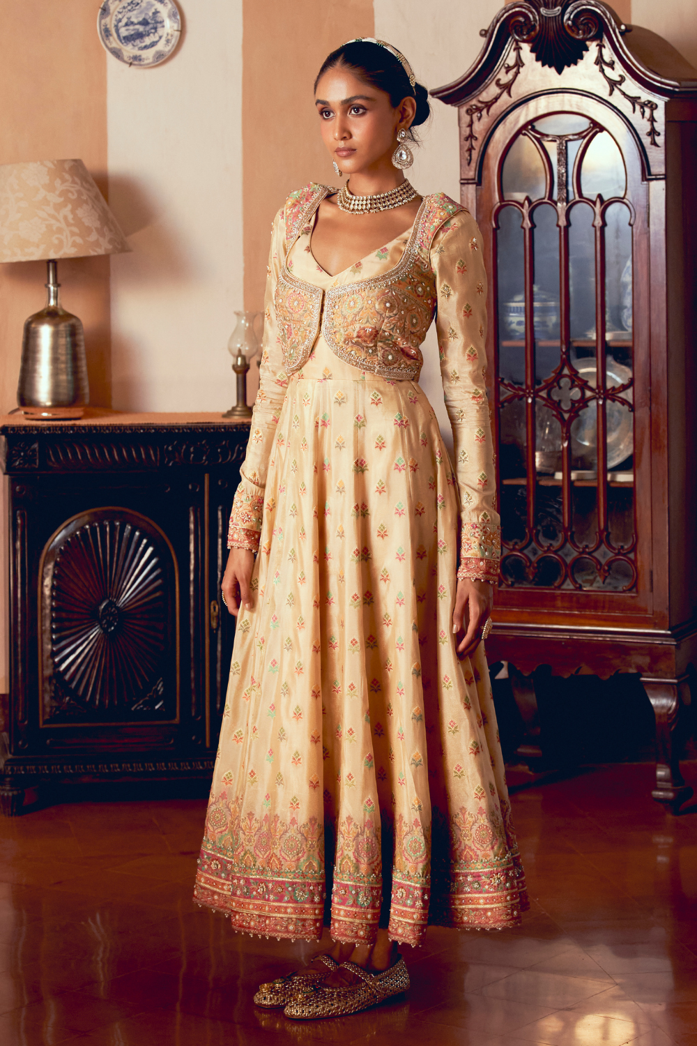 Yellow jacquard banarsi anarkali with cropped jacket set