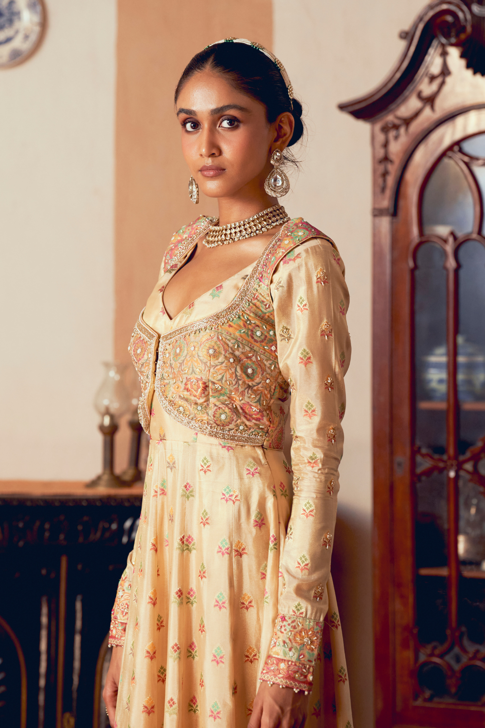 Yellow jacquard banarsi anarkali with cropped jacket set