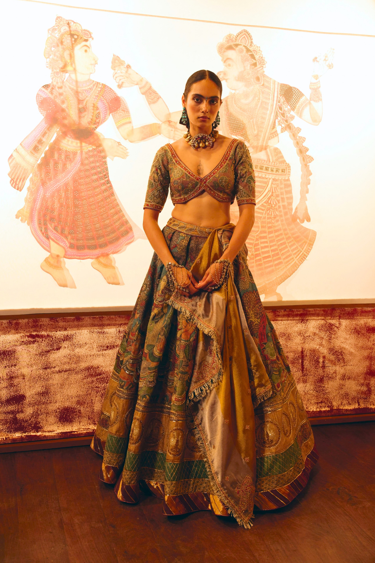 Krishna Leela Teal Kalamkari Lehenga Set