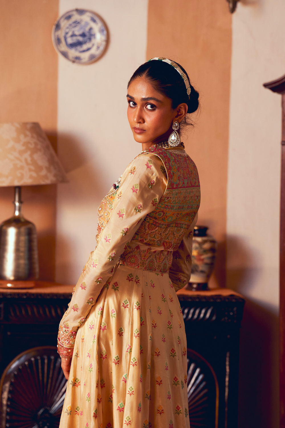 Yellow jacquard banarsi anarkali with cropped jacket set