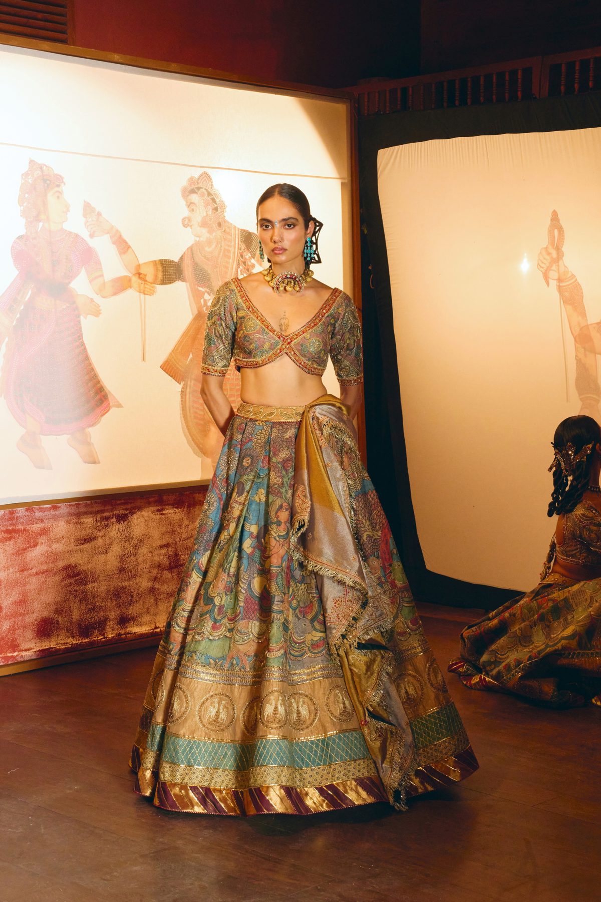 Krishna Leela Teal Kalamkari Lehenga Set