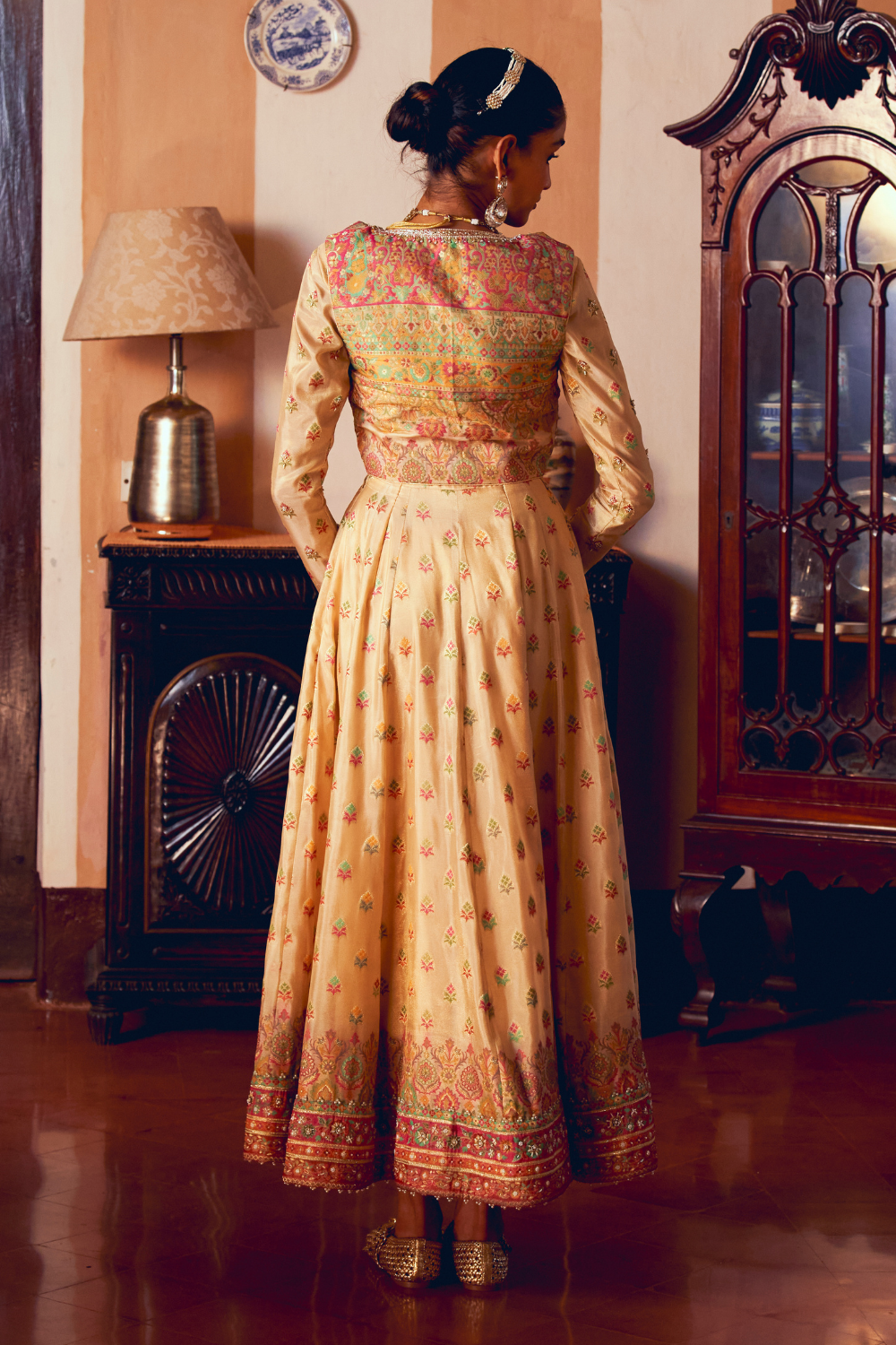 Yellow jacquard banarsi anarkali with cropped jacket set