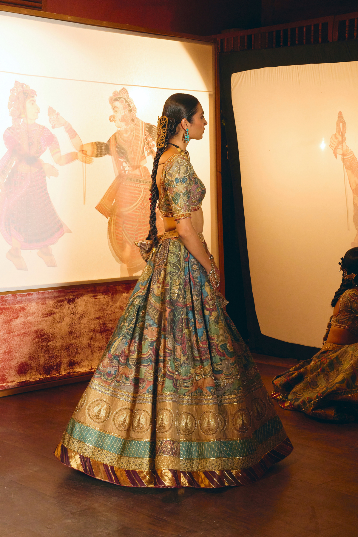 Krishna Leela Teal Kalamkari Lehenga Set