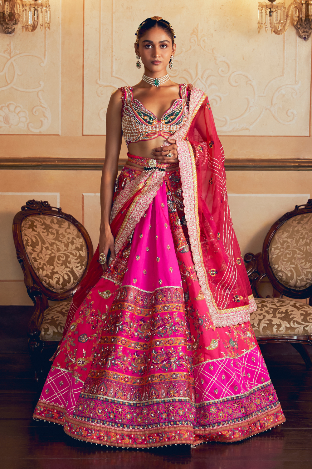 Hot pink jacquard silk banarasi lehenga set