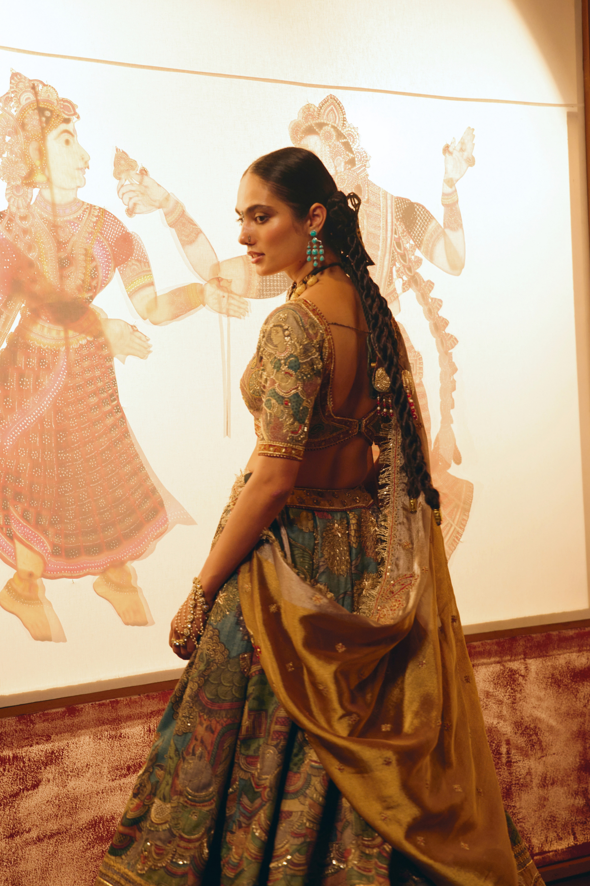 Krishna Leela Teal Kalamkari Lehenga Set