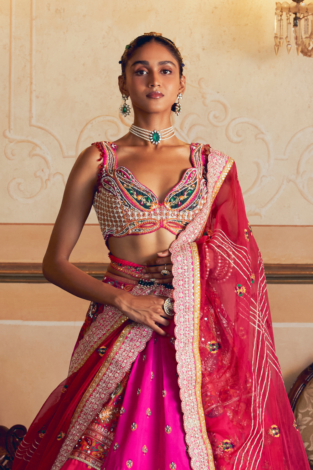 Hot pink jacquard silk banarasi lehenga set