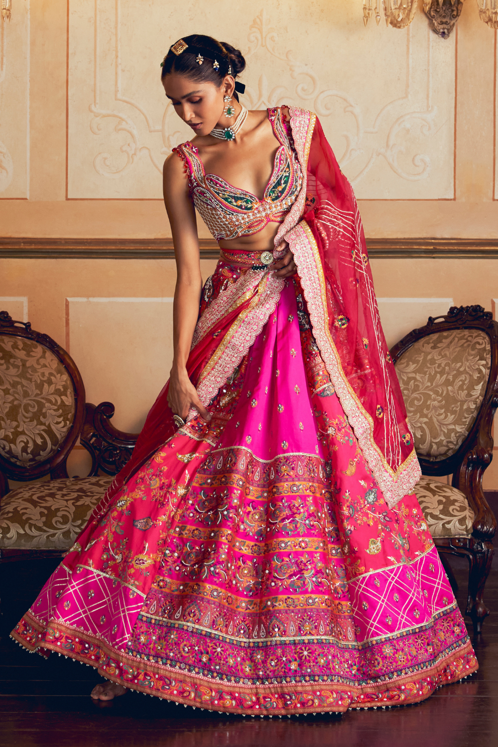 Hot pink jacquard silk banarasi lehenga set