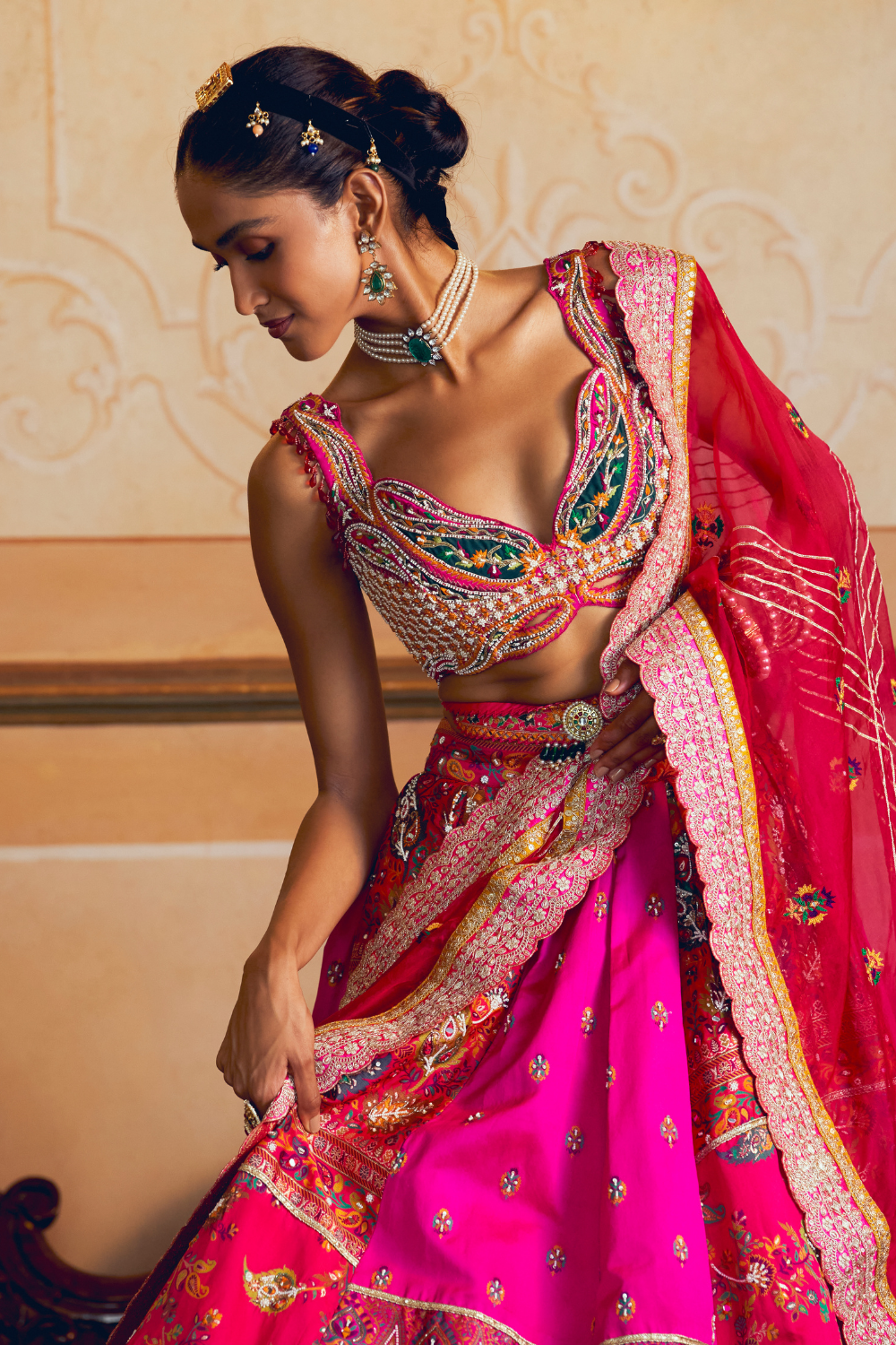 Hot pink jacquard silk banarasi lehenga set