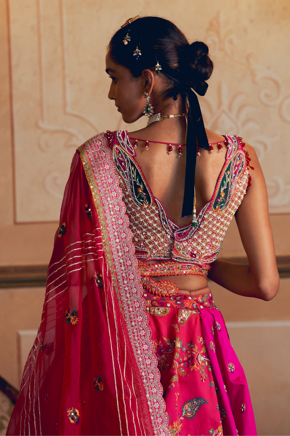 Hot pink jacquard silk banarasi lehenga set