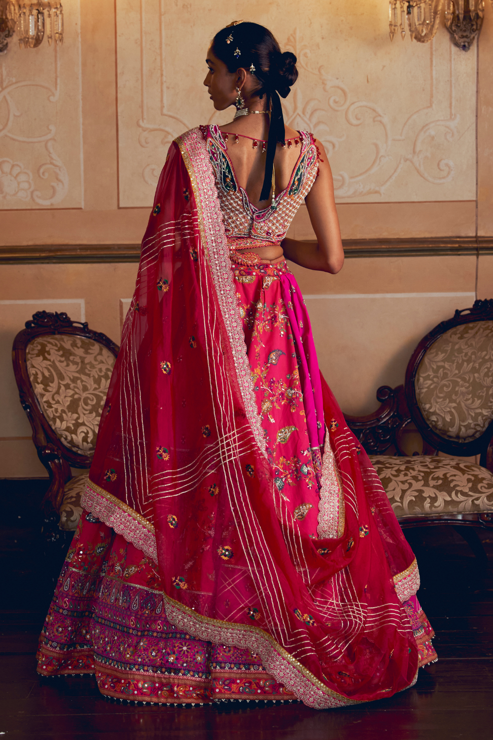 Hot pink jacquard silk banarasi lehenga set