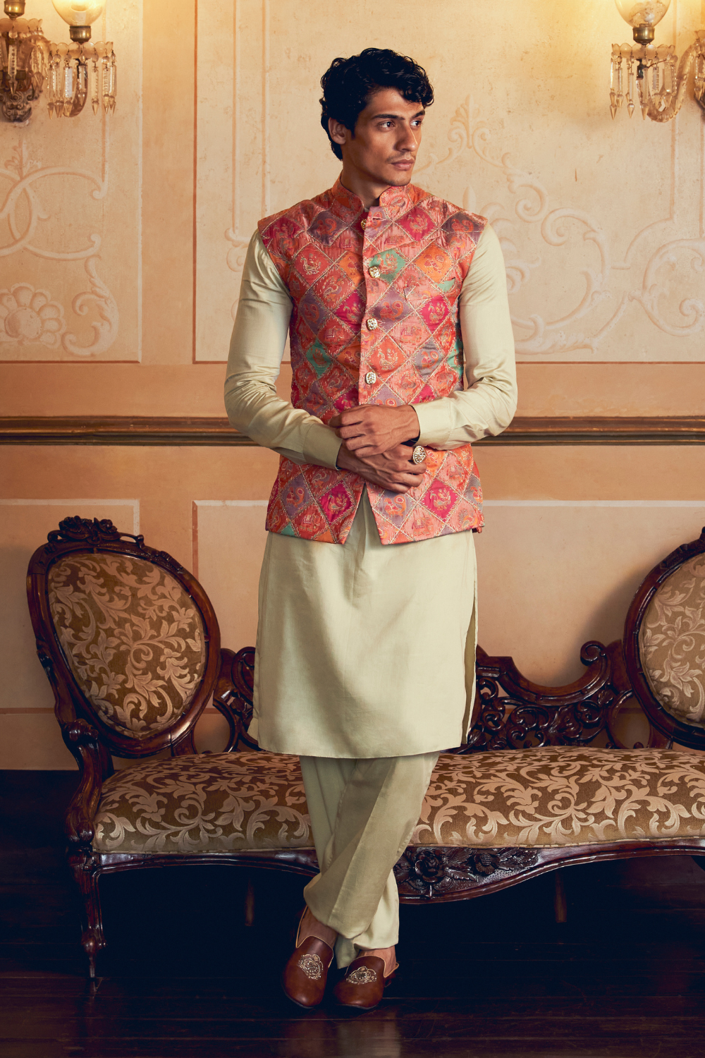 Multicolored Banarasi Jamawar men's jacket set