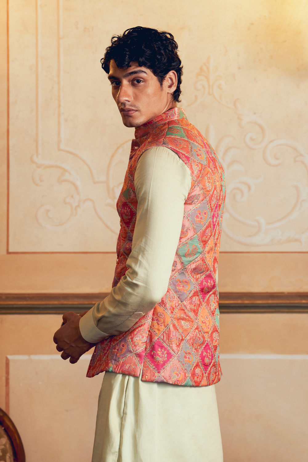 Multicolored Banarasi Jamawar men's jacket set