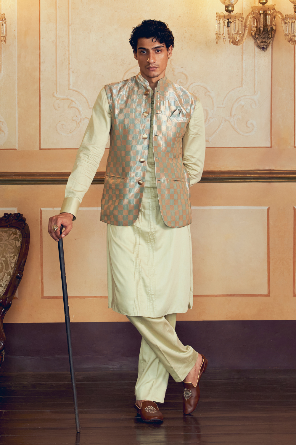 Pearl Silver Checkered Jacquard Banarasi men's jacket set