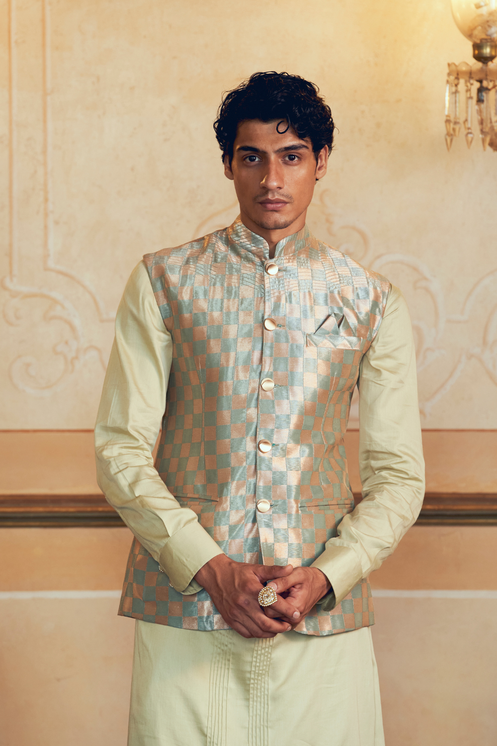 Pearl Silver Checkered Jacquard Banarasi men's jacket