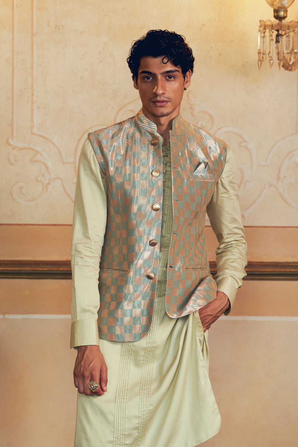 Pearl Silver Checkered Jacquard Banarasi men's jacket set