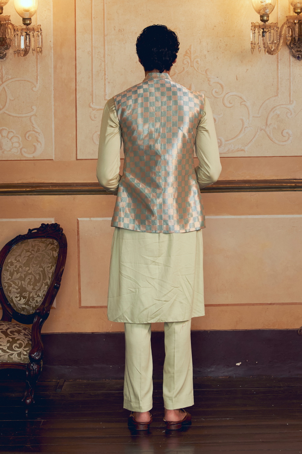 Pearl Silver Checkered Jacquard Banarasi men's jacket