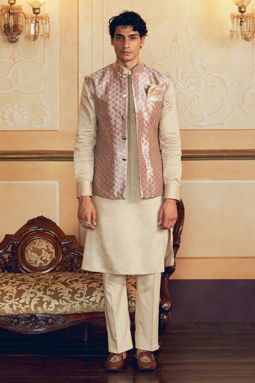 Pastel Purple Checkered Jacquard Banarasi men's jacket set