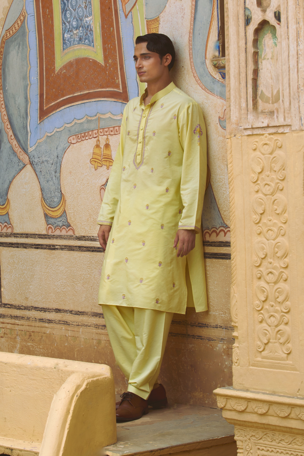 Pastel yellow kurta with straight fit pants