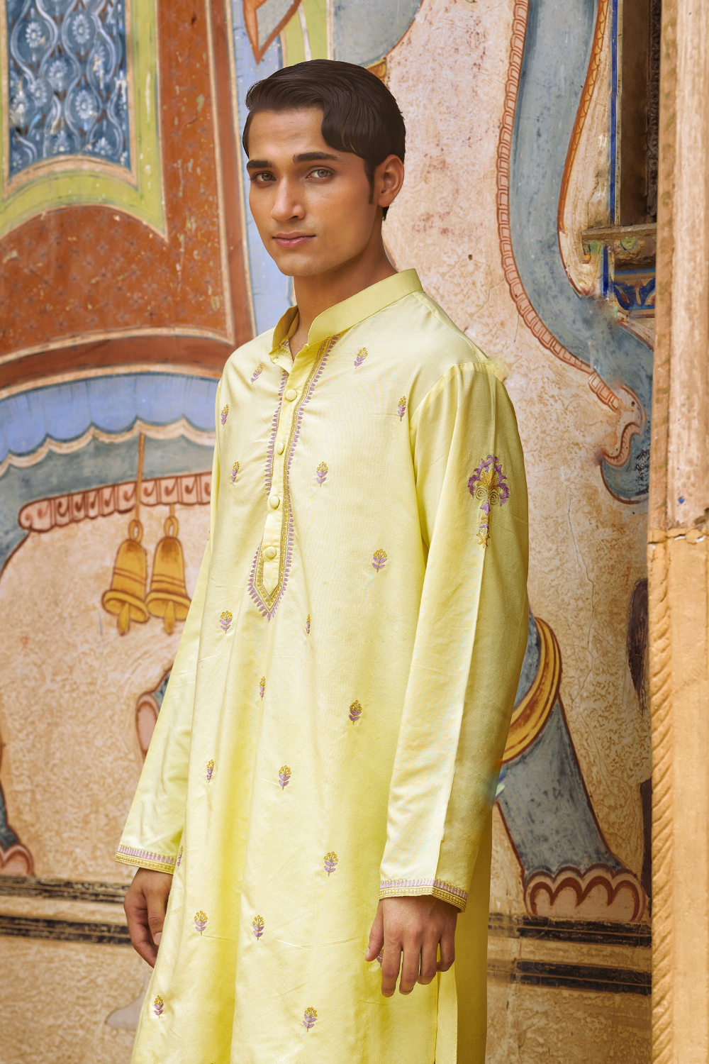 Pastel yellow kurta with straight fit pants